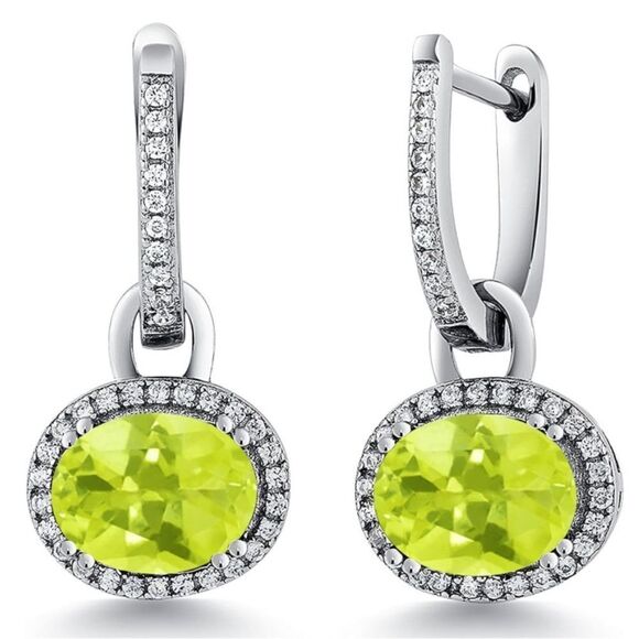 925 Sterling Silver with 4.14 Cttw Lemon Quartz Oval French Lock Drop Earrings